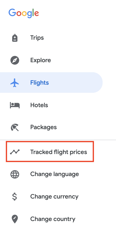 google flights menu with tracked flight prices selected