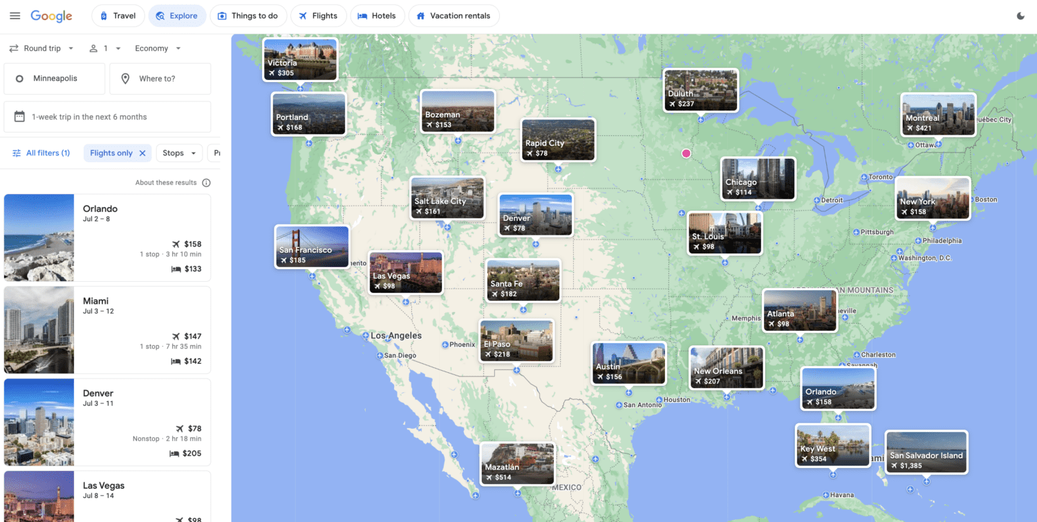 Google Flights Explore search 