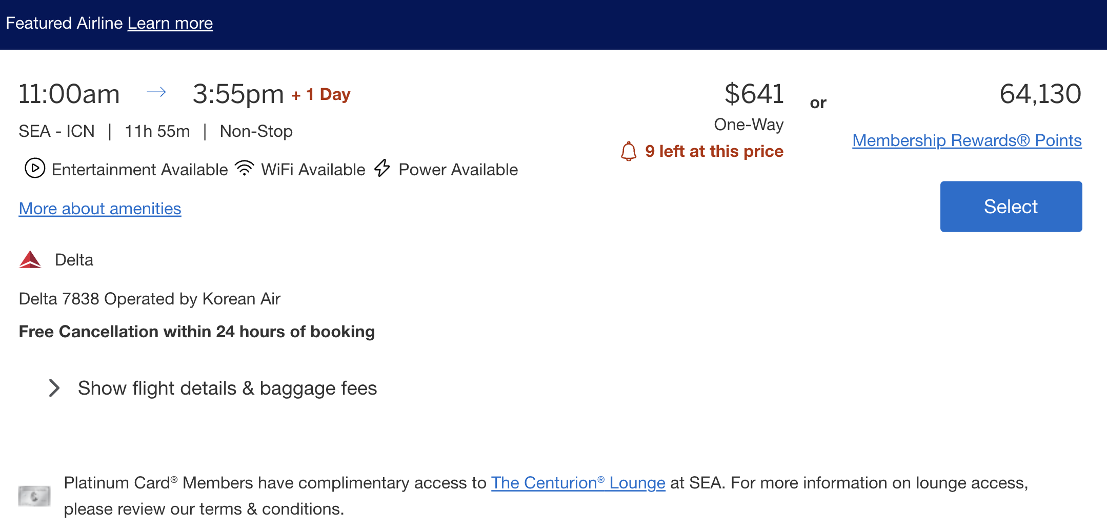 Flight booking from SEA to ICN using Amex points