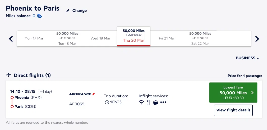 air france business class award ticket