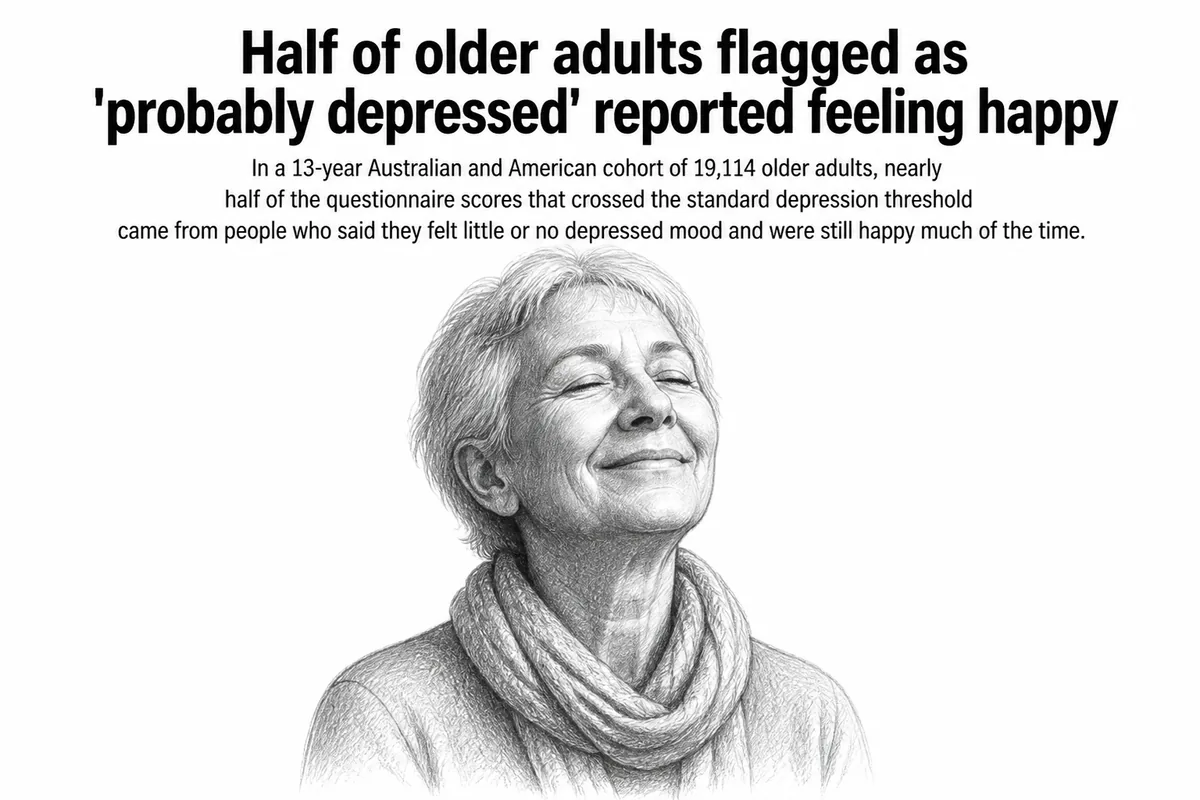 Illustration for “Half of older adults flagged as 'probably depressed' reported feeling happy”